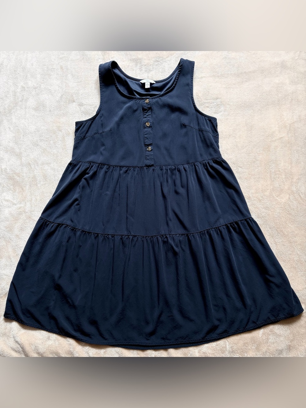 Women’s Dark Blue Tiered Flowy Dress - Sleeveless Knee Length Button Dress, L